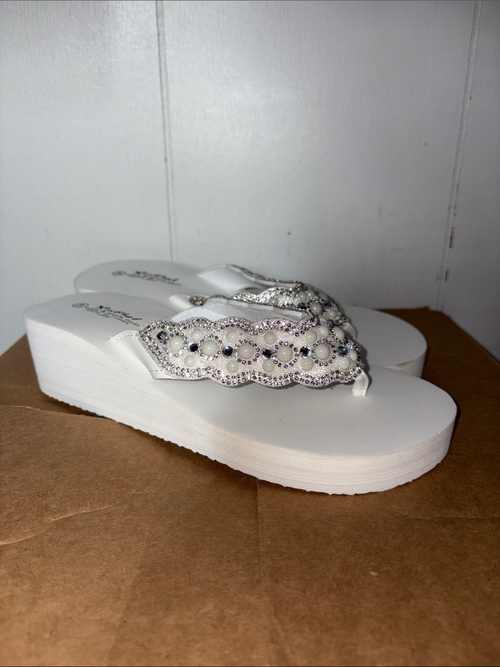 Women's White Beaded Wedge Flip Flops size 40